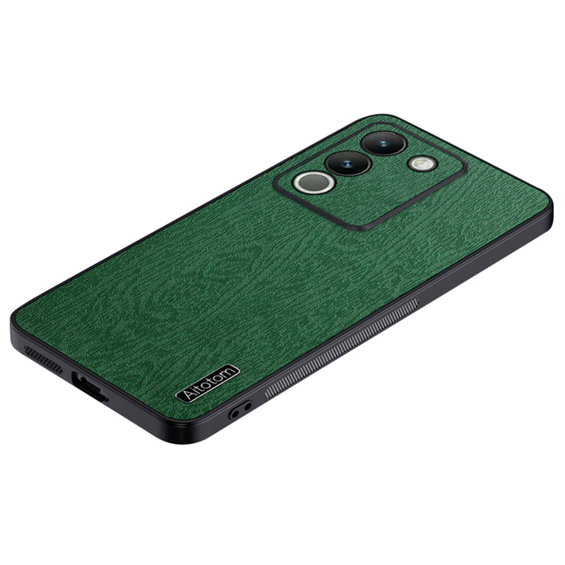 For vivo Y200 (India) 5G Cell Phone Case Wood Grain PU+PC+TPU Drop Resistant Cover - Black For vivo Y200 (India) 5G Cell Phone Case Wood Grain PU+PC+TPU Drop Resistant Cover - Black